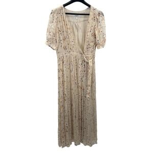 ba&sh Beige Abstract Wrap Bohemian Short Sleeve V-Neck Tie Maxi Dress Womens 2